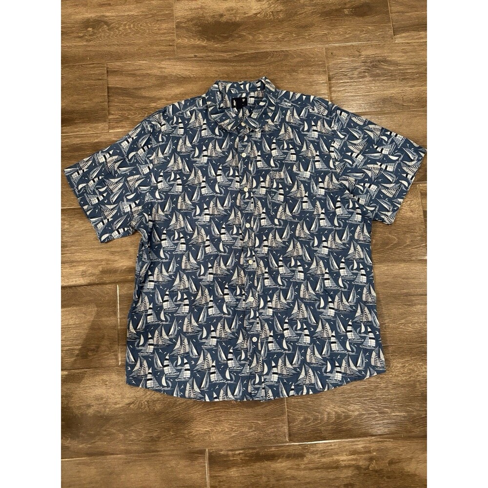 Men’s‎ Linen Nautical Short Sleeve Short Size XL Button Up Blue Lands End Shirt